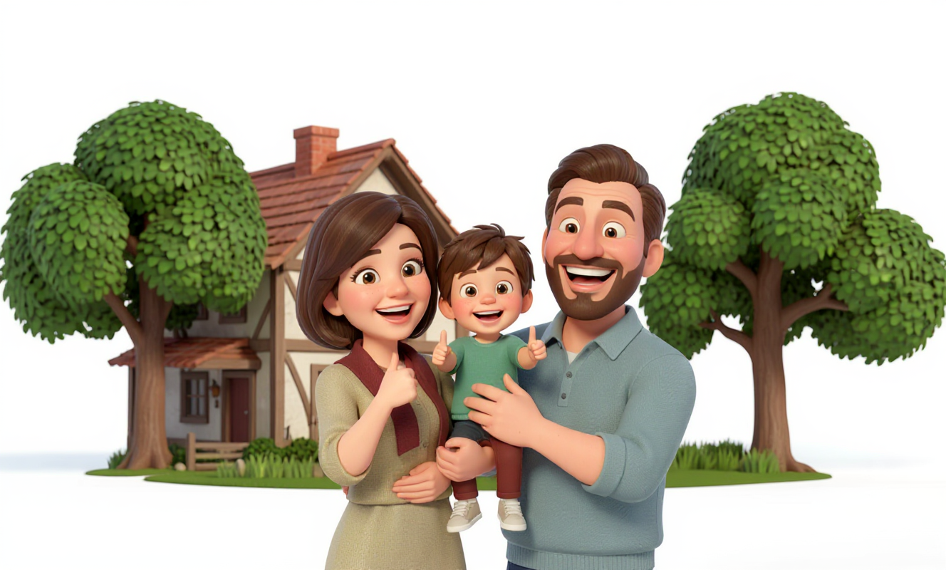 Логопедический центр "Берегиня" "Счастливая семья: мама с папой радостно показывают большой палец, а на руках у них ребёнок, на заднем плане деревенский дом и деревья"
